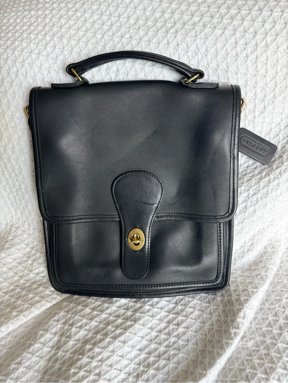 Vintage Coach Black Leather Station Bag with Gold Hardware